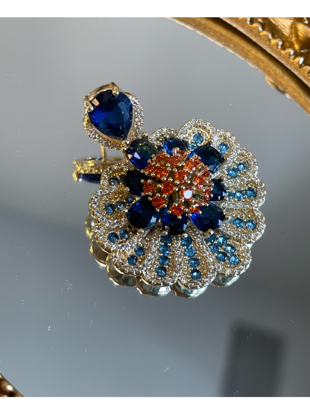 Blue & Orange Crystal Floral Drop Earrings